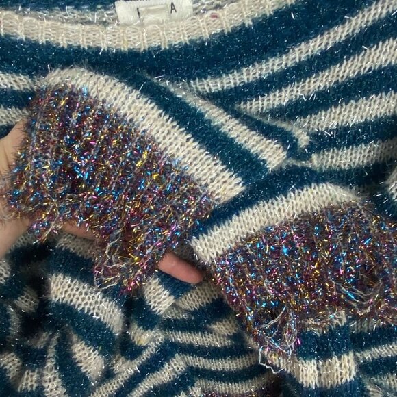 Nordstrom Pima Tinsel Striped Sweater Blue Size Medium Blue White Glitter Bling - Picture 8 of 12